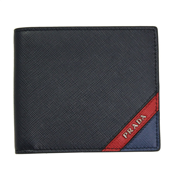 Prada Leather Bifold STRIPE SAFFIANO Blue Navy Wallet - Picture 1 of 4